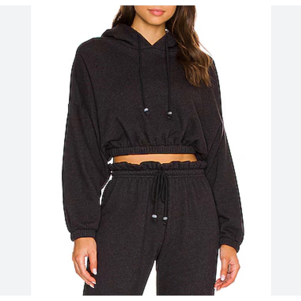 DONNI Revolve Charcoal Grey Cropped Fleece Bubble Hoodie Sweatshirt Size S